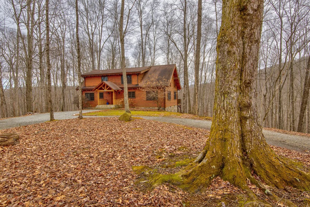 Captured from a slightly different angle, this image emphasizes the log cabin surrounded by trees and crushed leaves, hinting at hiking trails and inviting the viewer into a cozy, natural environment. The driveway suggests accessibility, while the grounds look ideal for games, picnics, or relaxing after outdoor adventures.